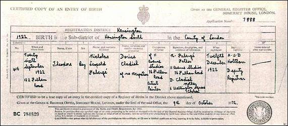 Birth certificate of Theo Fabergé